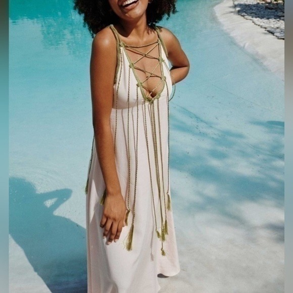 My Beachy Side Monarch Maxi Dress Pink Olive Green Crochet Tassel Resortwear M